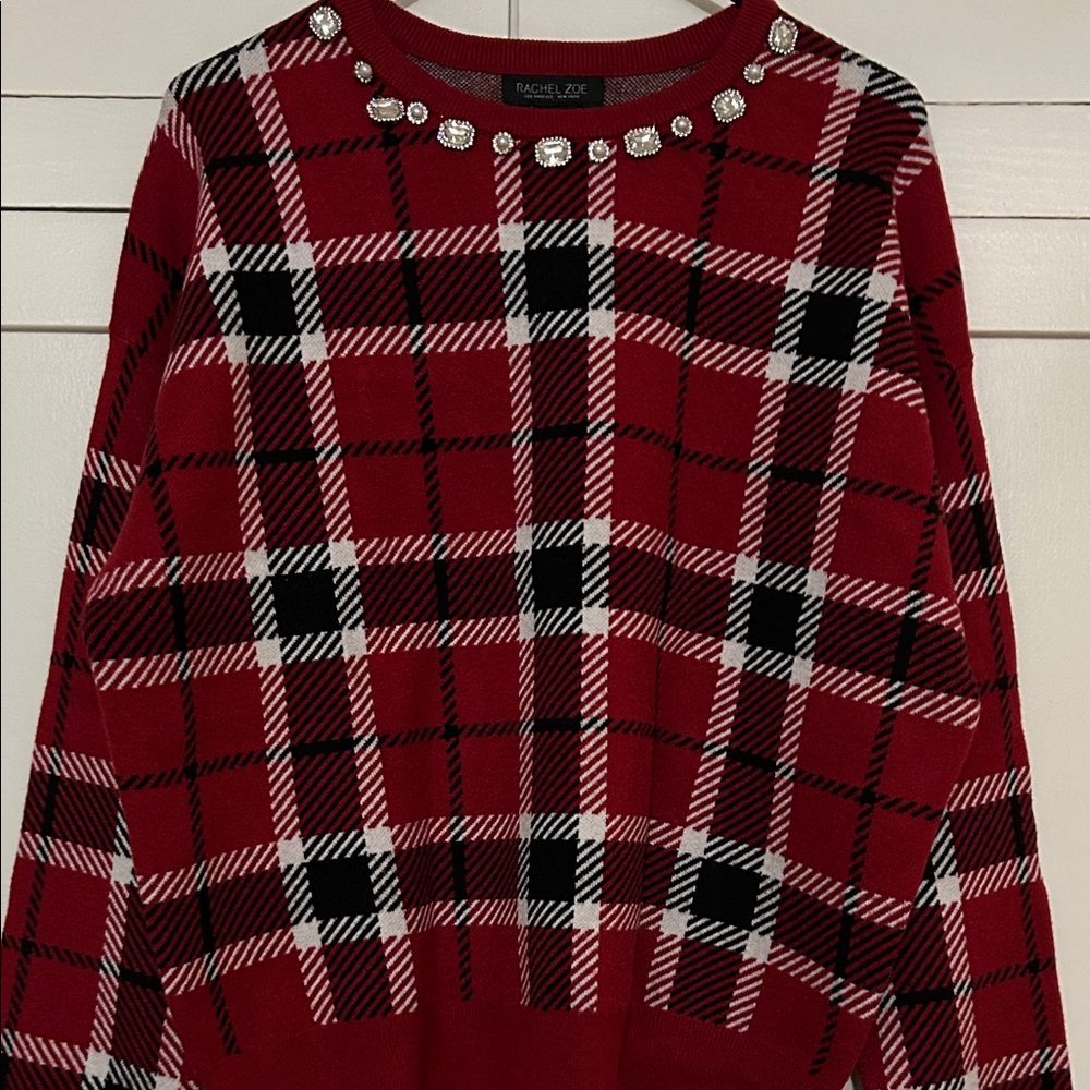 EUC: Rachel Zoe Red and Black Plaid Sweater with Embellishments
